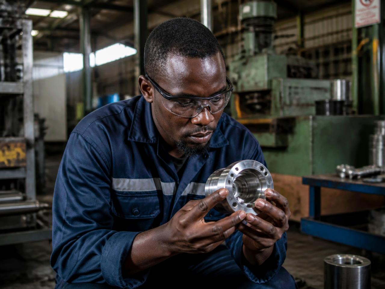 Technician inspecting a machined metal component in the workshop