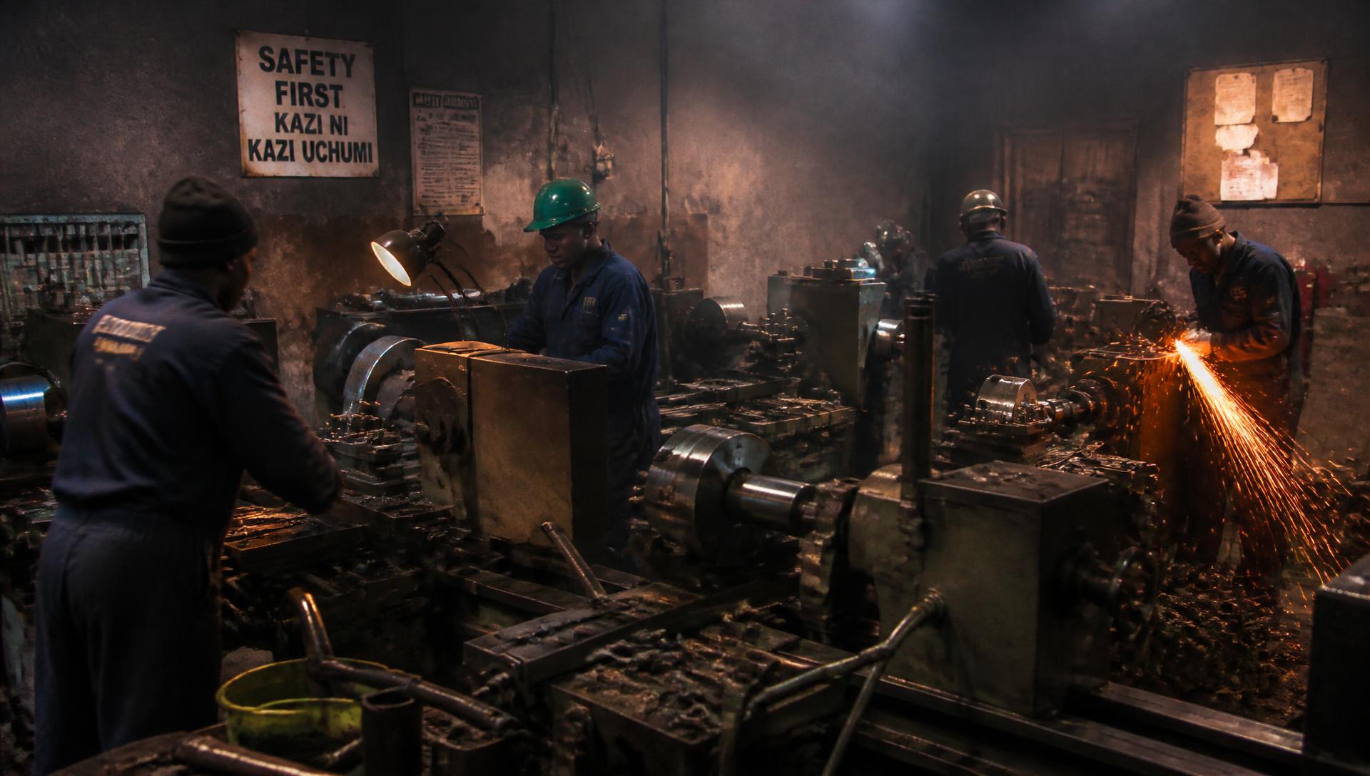 Machinists working with lathes and metal components in the Popular Industries workshop