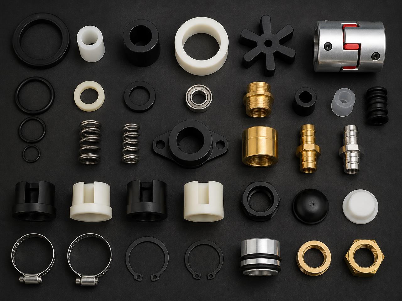 Rubber, plastic, nylon, stainless steel and brass components arranged on a workbench